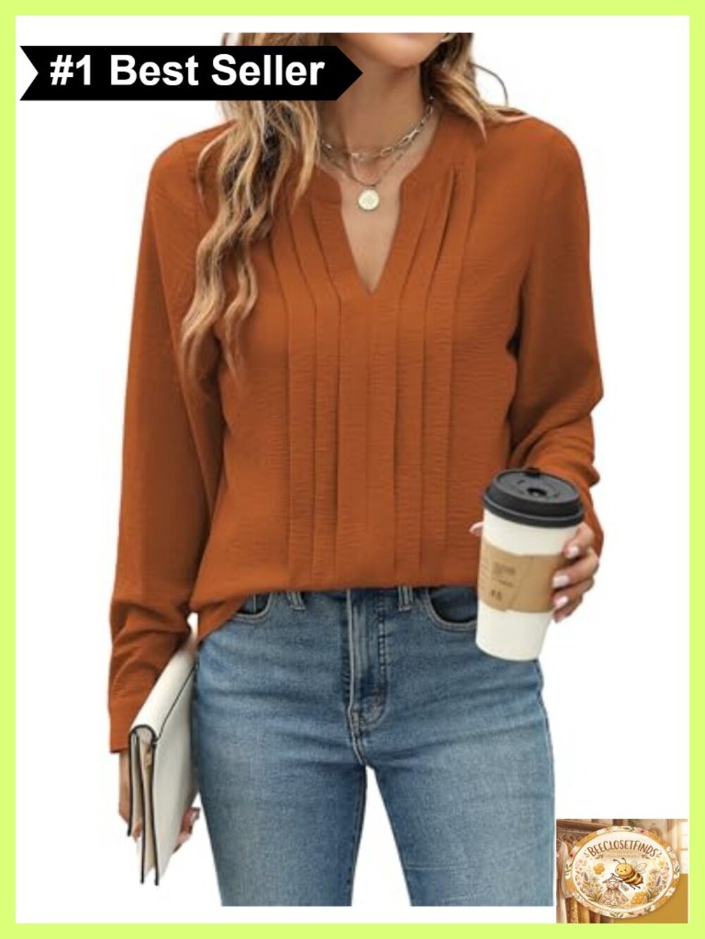 Blooming Jelly Women's Long Sleeve V-Neck Blouse Pleated Business Casual Top